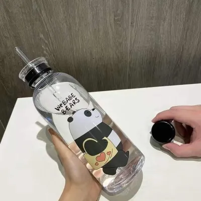 Cute Panda Bear Water Bottles With Straw (1000 ml) Clear